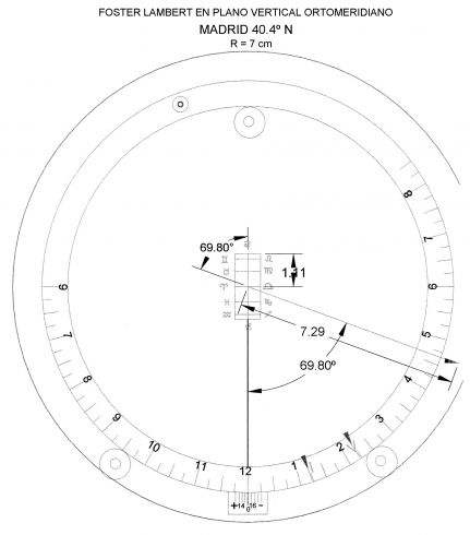 Relojes de sol Proyectivos Fig. 6b. Ejemplo de cuadrante Foster-Lambert en pl. vertical ortomeridiano (calculado para Madrid)