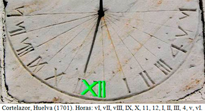 Cortelazor, Huelva (1701). Horas: vI, vII, vIII, IX, X, 11, 12, I, II, III, 4, v, vI