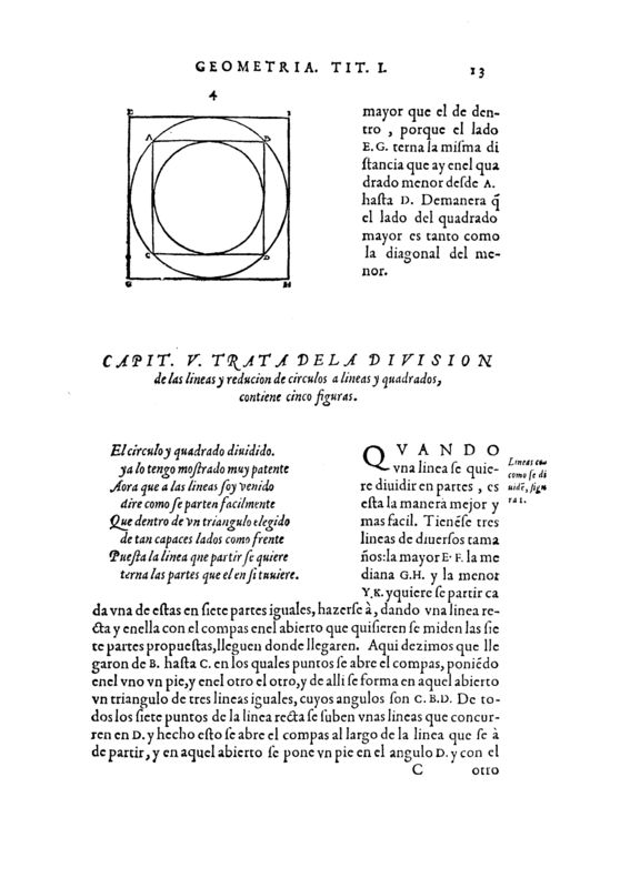 CAPITVLO V. TRATA DE LA DIVISION DE LAS LINEAS Y REDVCION DE CIRCVLOS A LINEAS Y QVADRADOS arphe-libro1_P37