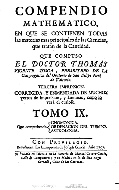 COMPENDIO MATHEMATICO TOMO IX. Gnomonica, Ord. Tiempo, Astrologia. Edición de 1757 (1ª Ed. en 1710-1715)